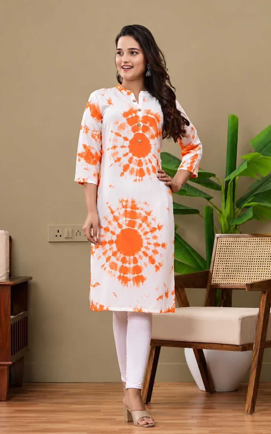 Womens Kurti in Mandarin Neck, Calf Length, Sleeves Length is Three Quater