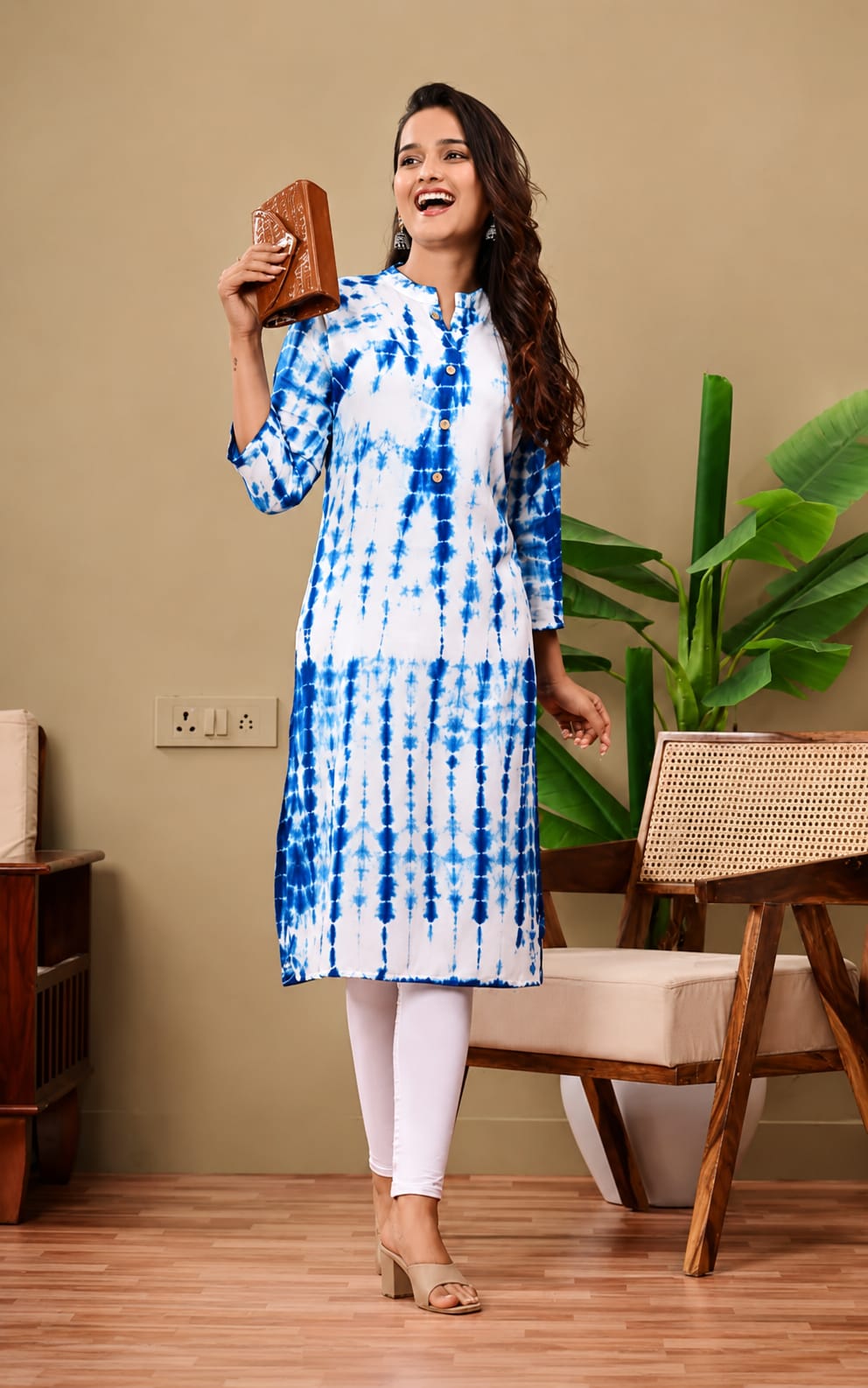 Womens Kurti in Mandarin Neck, Calf Length, Sleeves Length is Three Quater