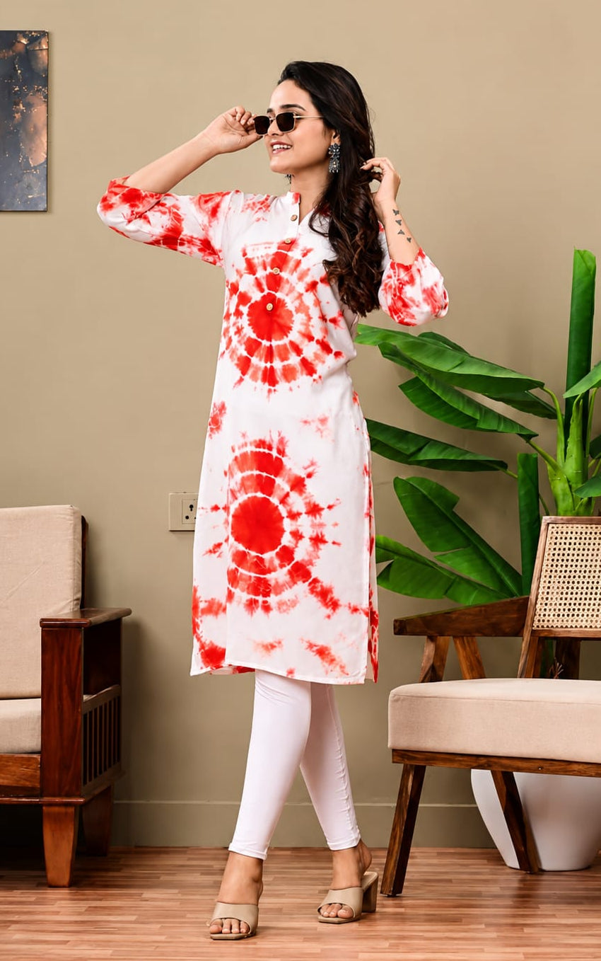 Womens Kurti in Mandarin Neck, Calf Length, Sleeves Length is Three Quater