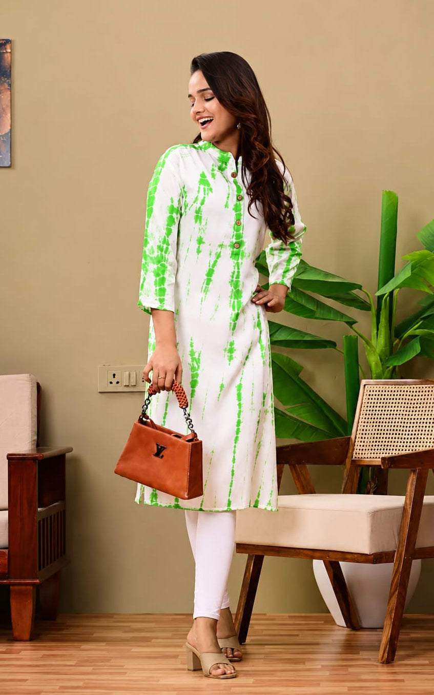 Womens Kurti in Mandarin Neck, Calf Length, Sleeves Length is Three Quater