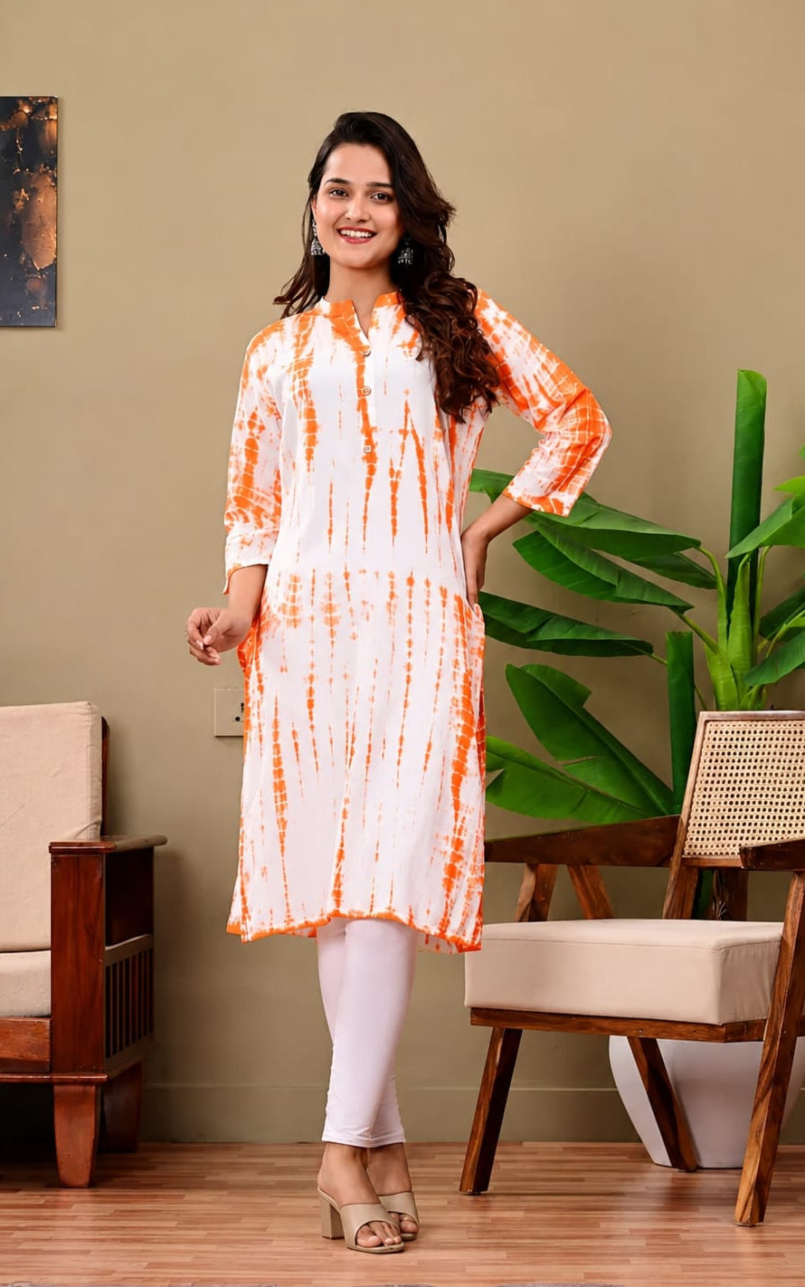 Womens Kurti in Mandarin Neck, Calf Length, Sleeves Length is Three Quater