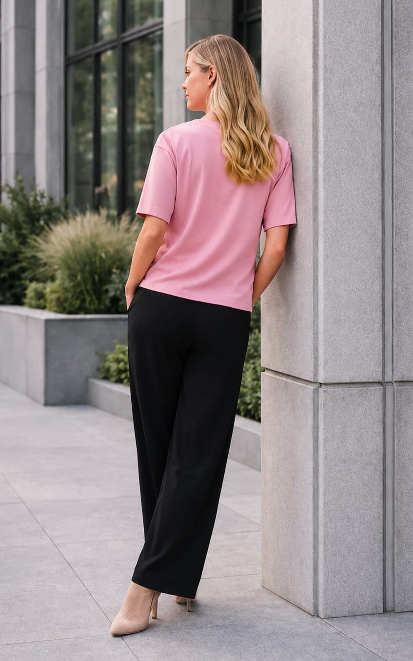 Pink T-shirt with Black Cargo Palazzo set in cotton fabric, Round Neck