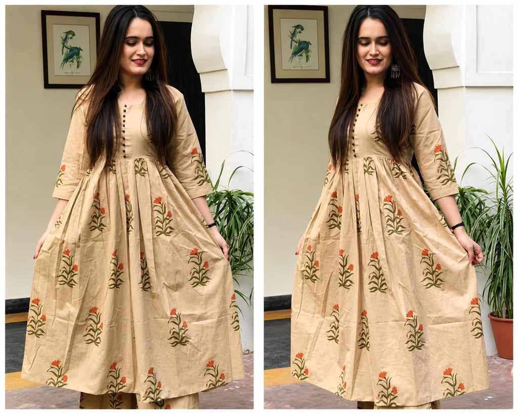 Womens Kurta with Palazzo Set, Ankle length, Three-Quater Sleeves