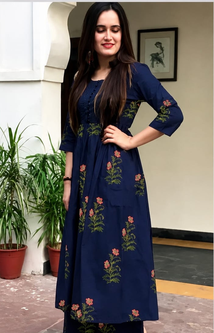 Womens Kurta with Palazzo Set, Ankle length, Three-Quater Sleeves