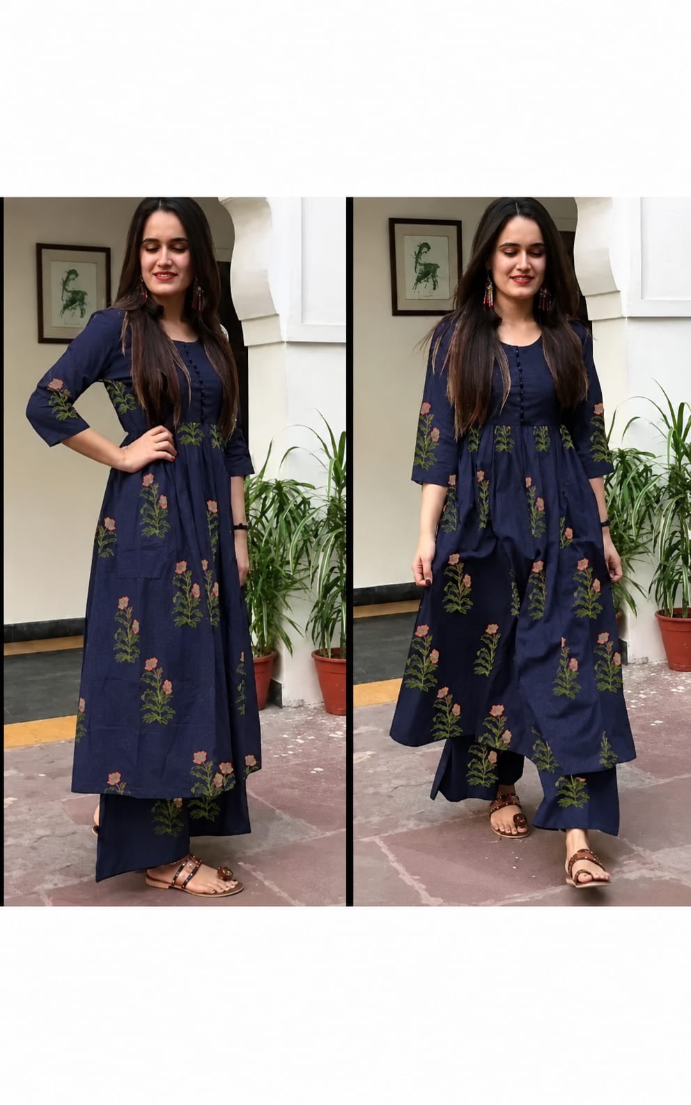 Womens Kurta with Palazzo Set, Ankle length, Three-Quater Sleeves