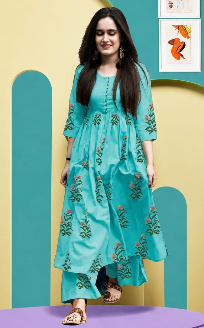 Womens Kurta with Palazzo Set, Ankle length, Three-Quater Sleeves
