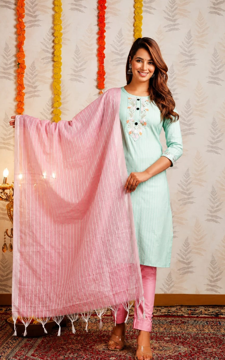 Womens Kurta with Duppata and Pant Set, Knee Length, Round Neck