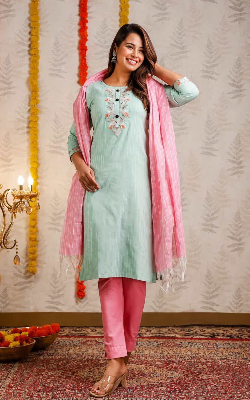 Womens Kurta with Duppata and Pant Set, Knee Length, Round Neck