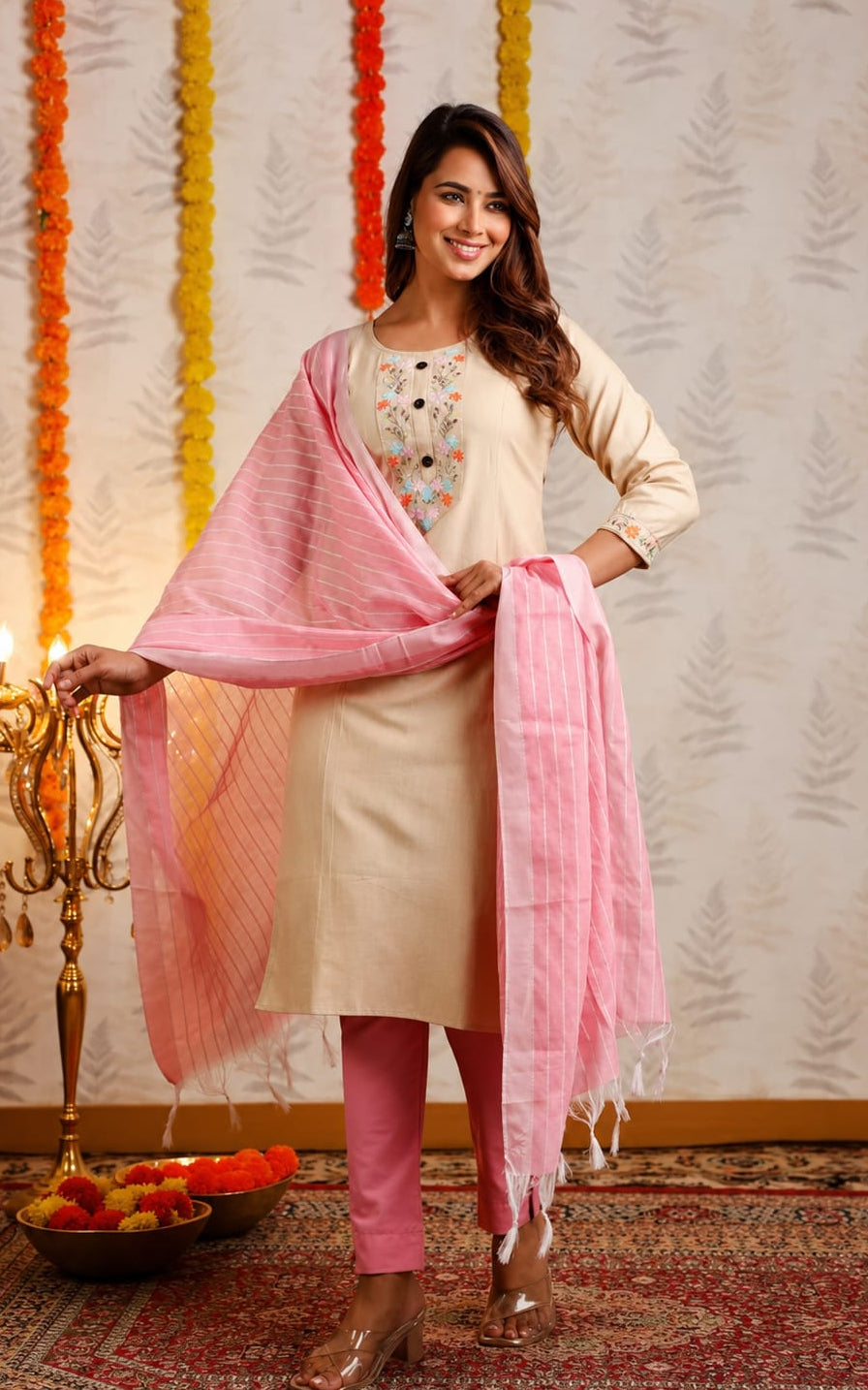 Womens Kurta with Duppata and Pant Set, Knee Length, Round Neck