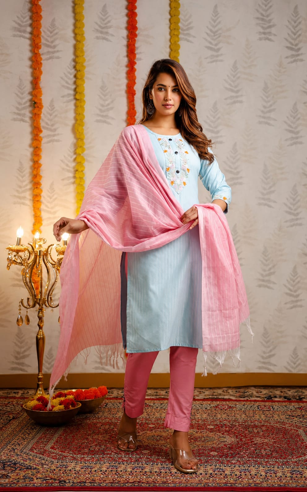 Womens Kurta with Duppata and Pant Set, Knee Length, Round Neck
