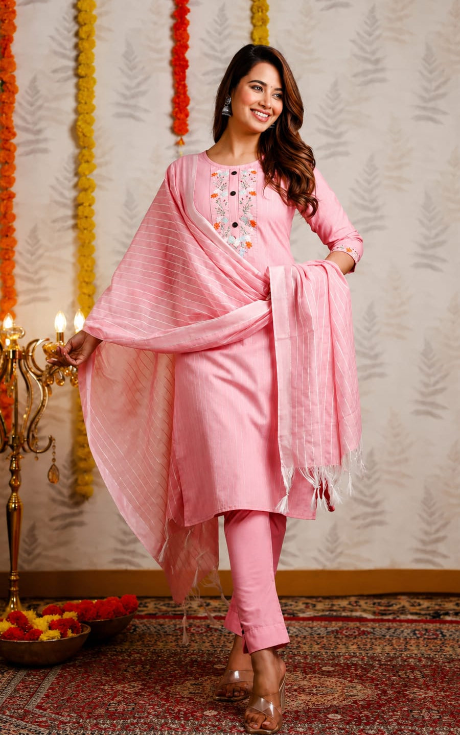 Womens Kurta with Duppata and Pant Set, Knee Length, Round Neck