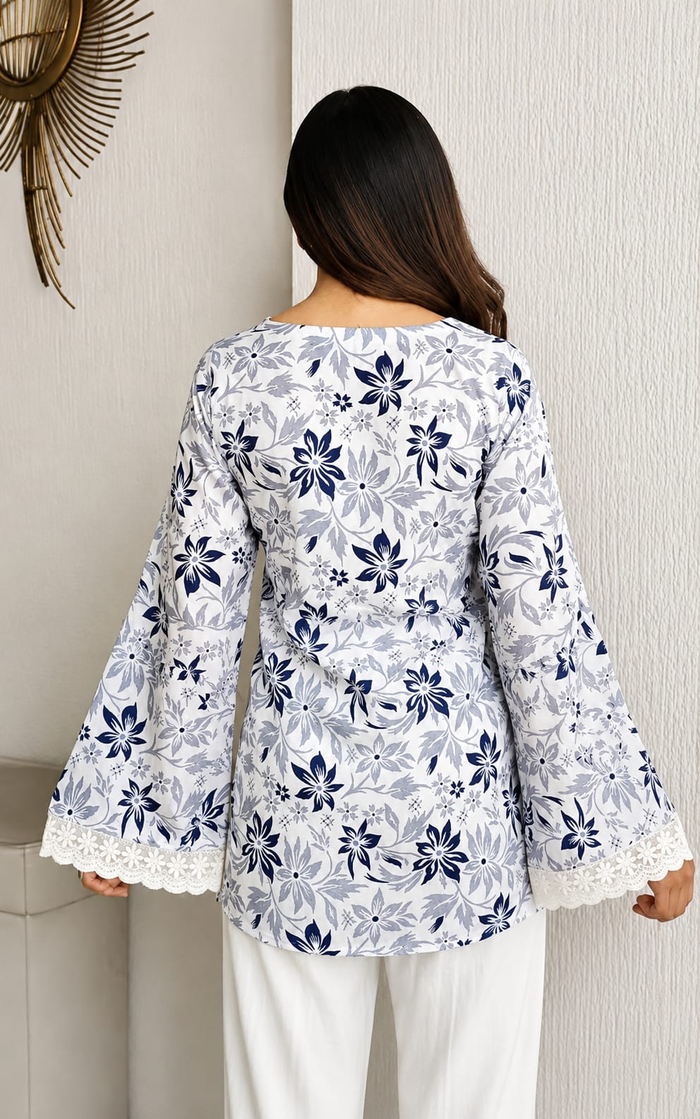 Flora printed short kurti, Khadi Cotton, Above Knee, Round neck, Long sleeves