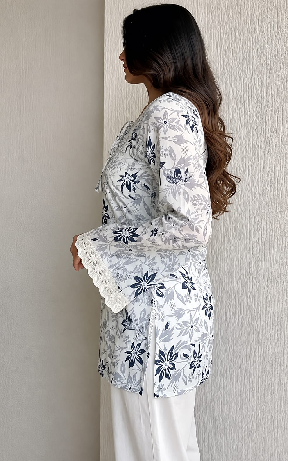Flora printed short kurti, Khadi Cotton, Above Knee, Round neck, Long sleeves