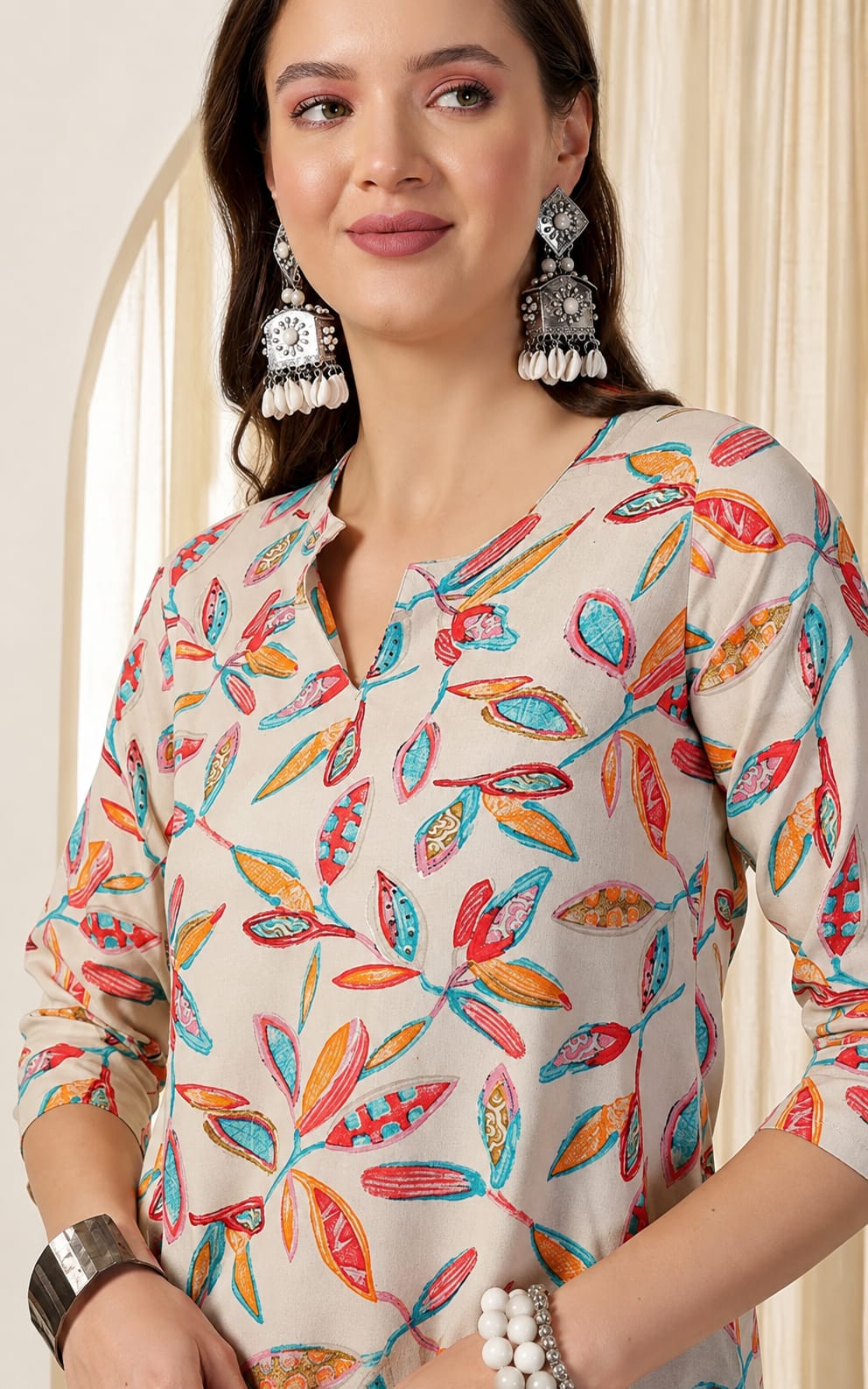 Womens Short Kurti, Calf Length, Mandarin Neck, Three-Quater Sleeves