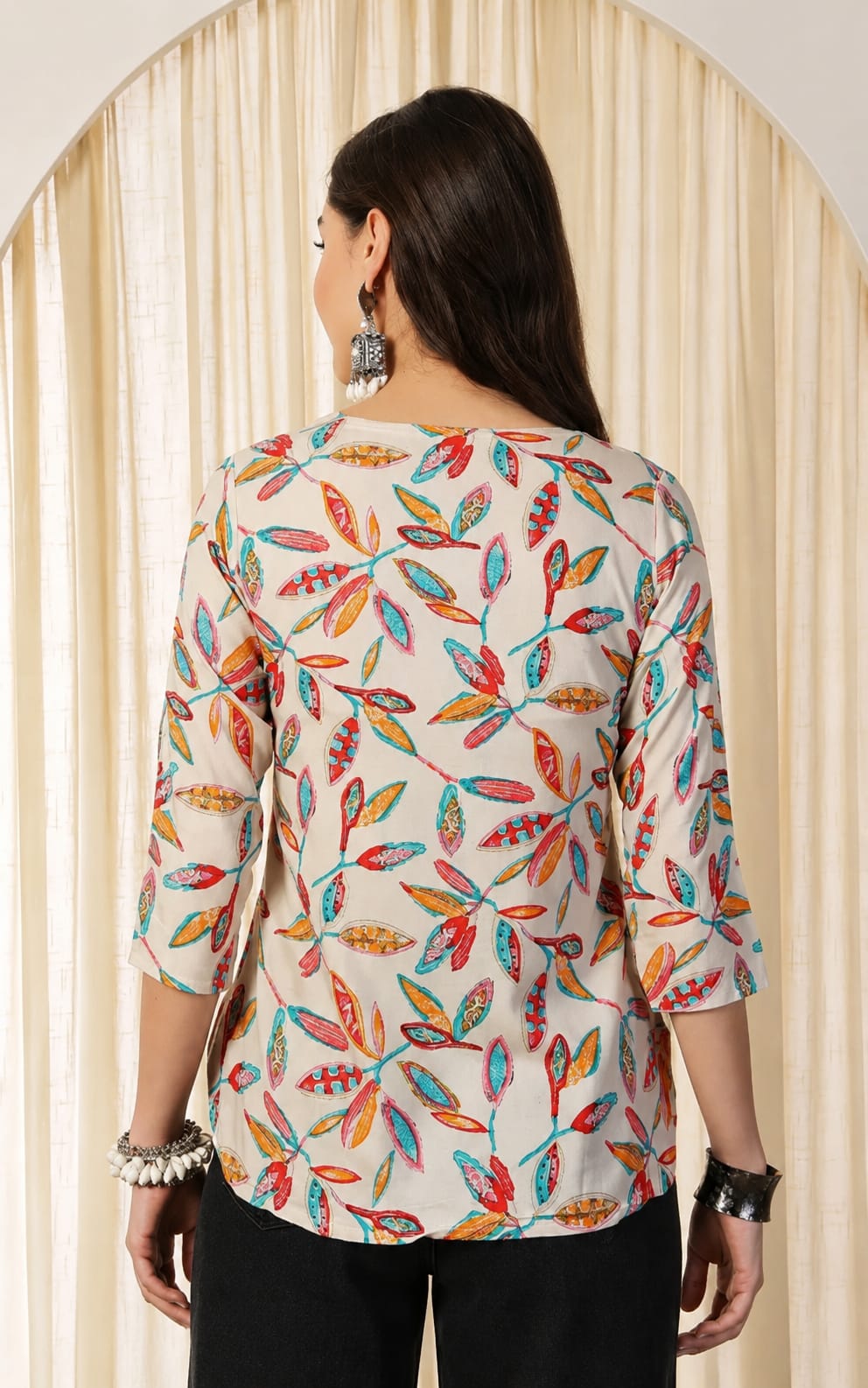 Womens Short Kurti, Calf Length, Mandarin Neck, Three-Quater Sleeves