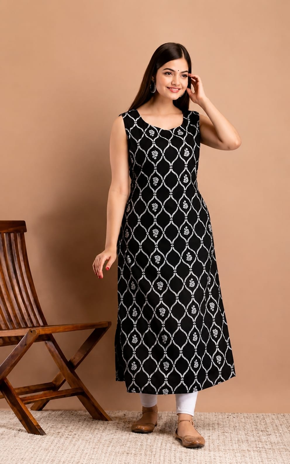 Beautiful Rayon Kurti for Womens, Calf Length, Round Neck, Sleeveless