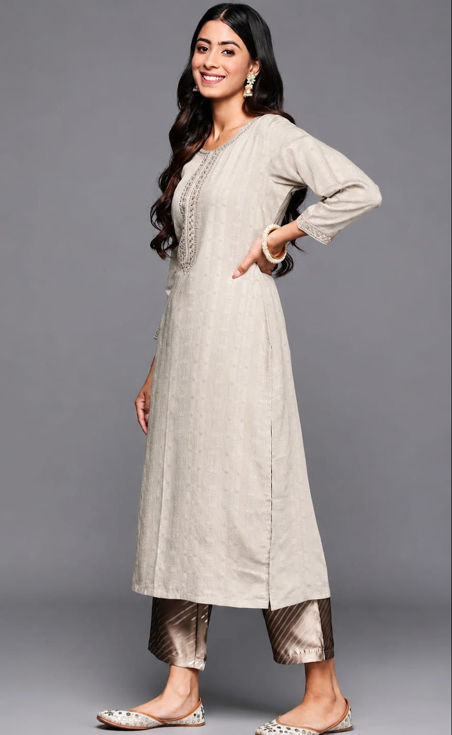 Women's Elegant Beige Embroidered Straight Cotton Kurti