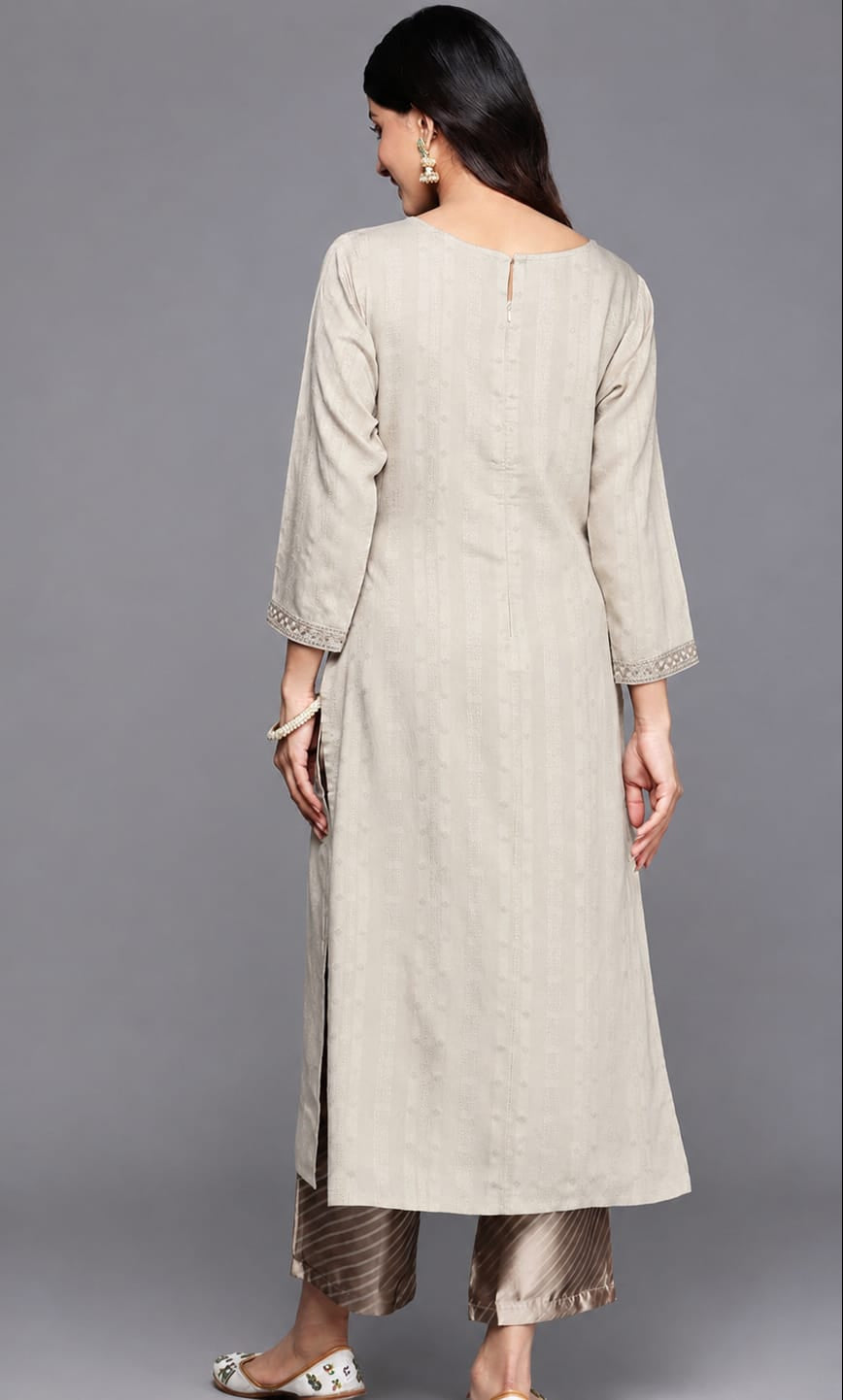 Women's Elegant Beige Embroidered Straight Cotton Kurti