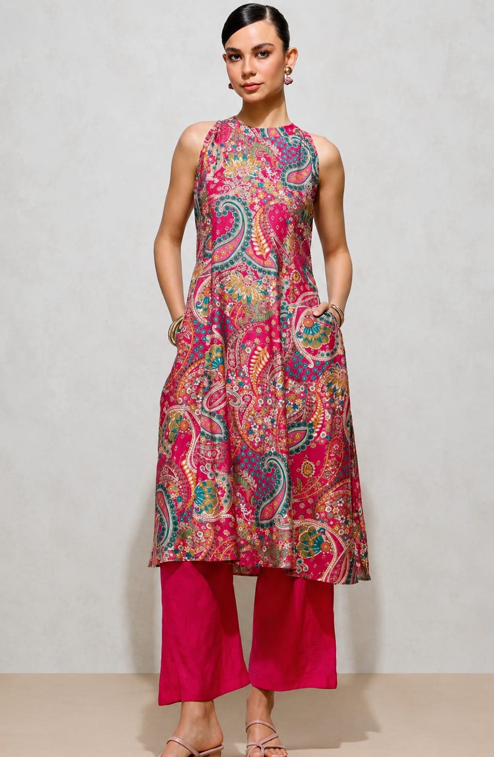 Women's Pink Paisley Printed Art Silk Kurta Pant Co-Ord Set