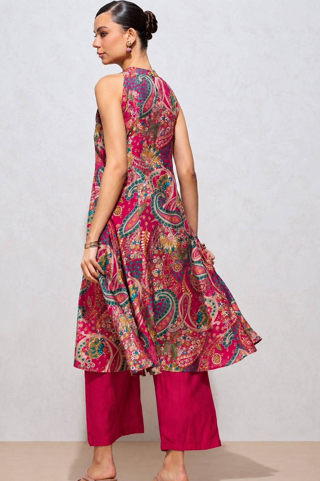 Women's Pink Paisley Printed Art Silk Kurta Pant Co-Ord Set