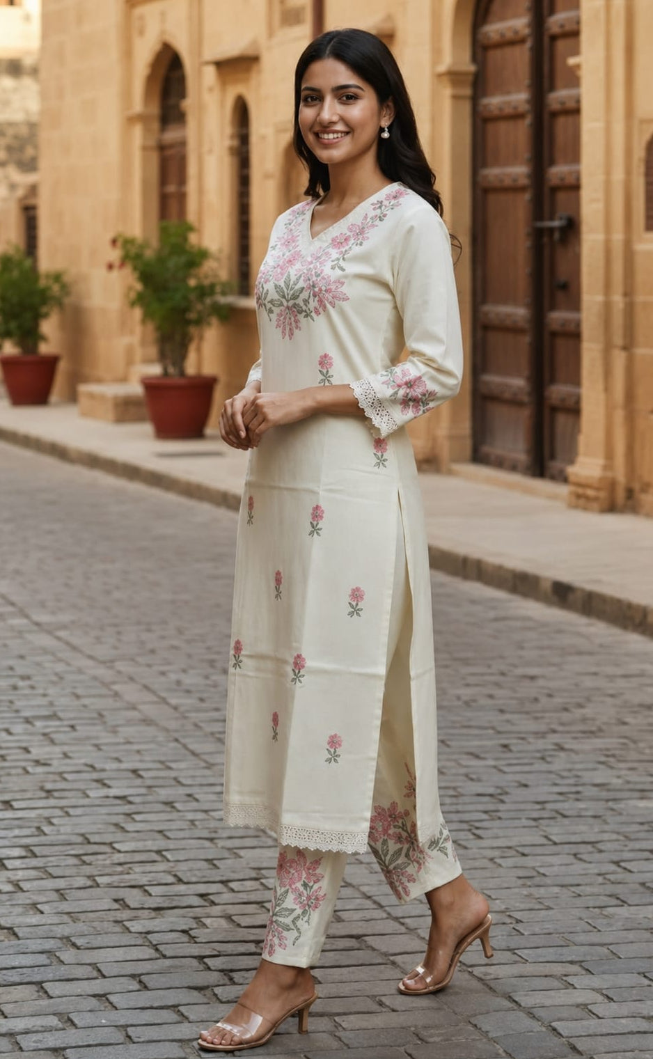Women's Cream Floral Cotton Kurta Pant Set with Lace Border