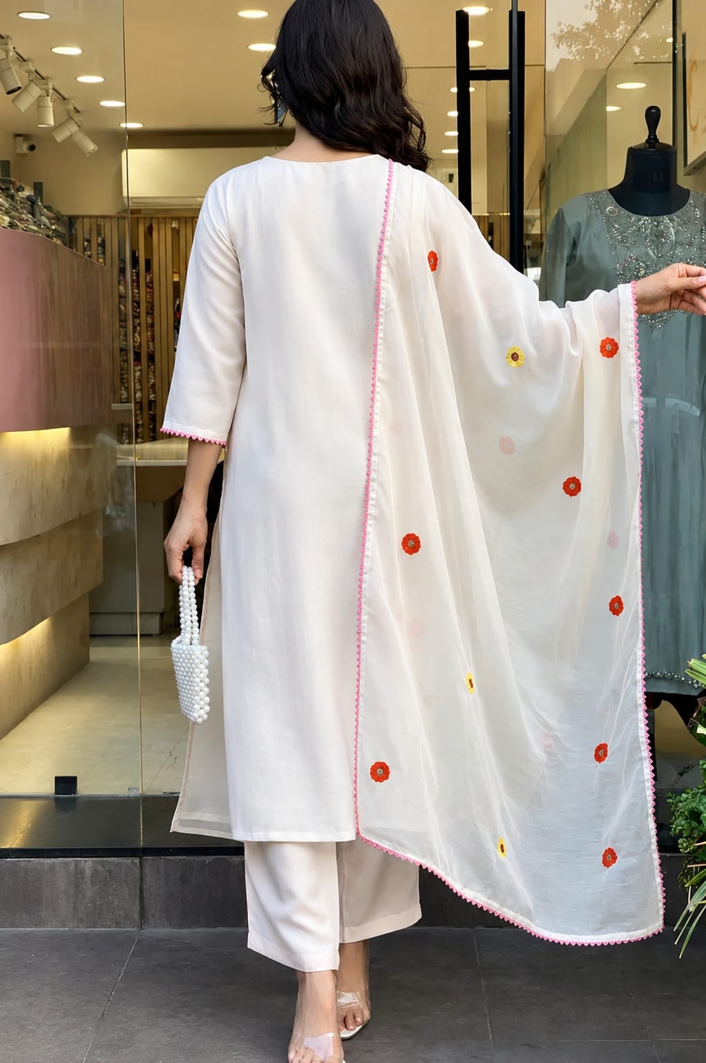 Women's White Embroidered Silk Blend Kurta Pant Set with Dupatta Elegant
