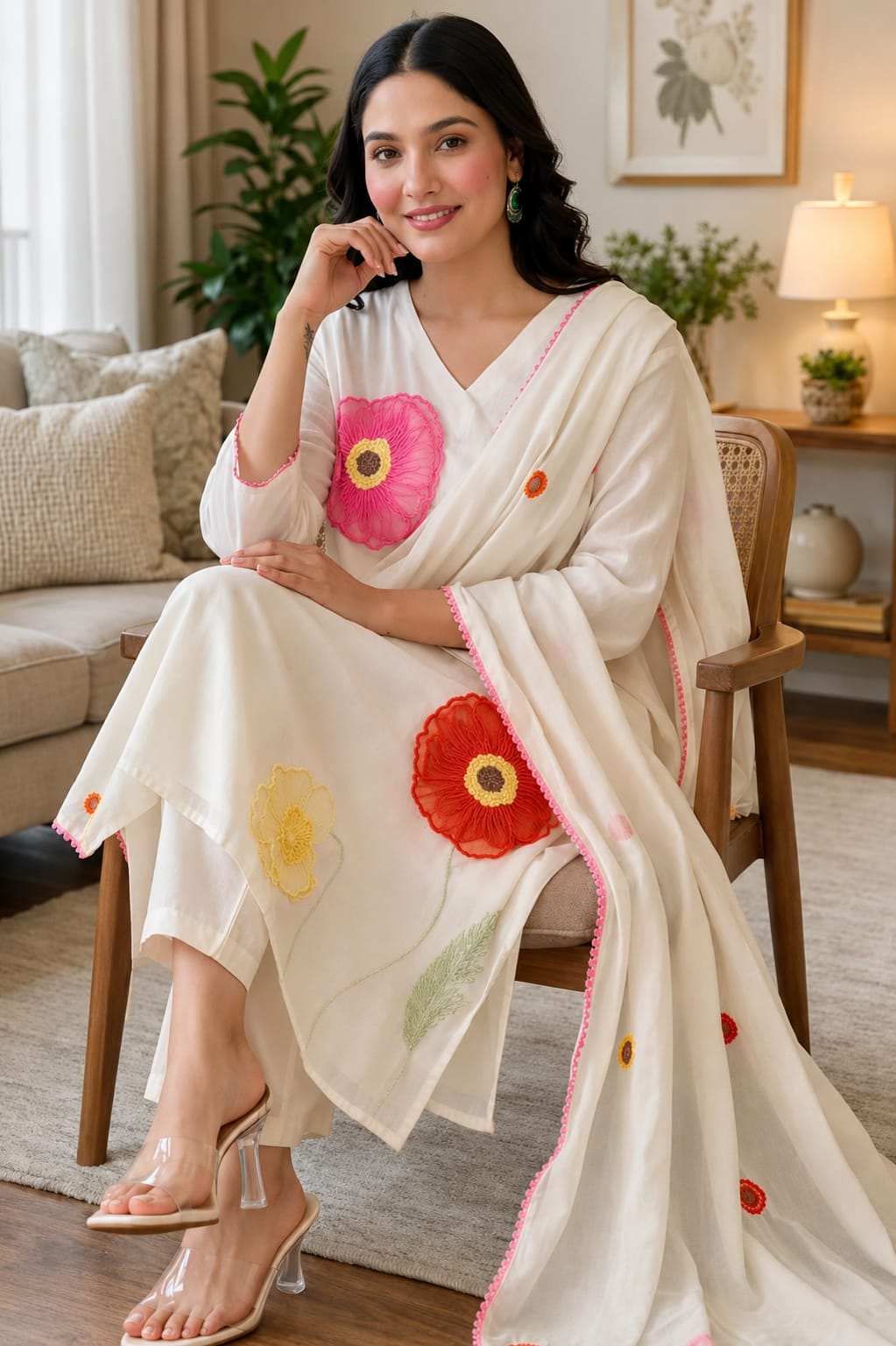 Women's White Embroidered Silk Blend Kurta Pant Set with Dupatta Elegant