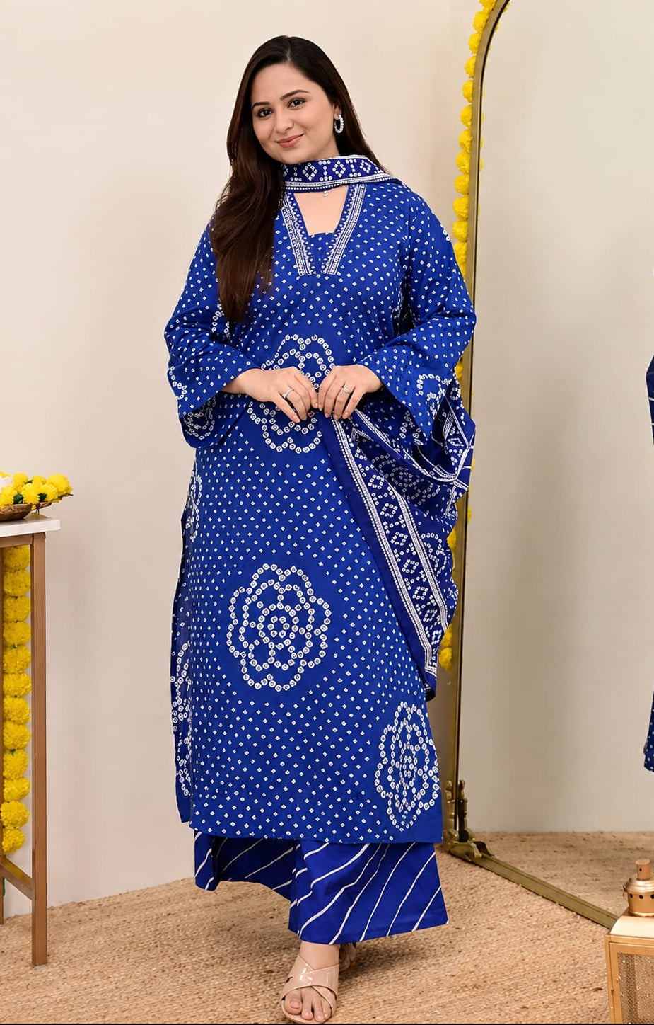 Women's Blue Bandhani Printed Kurta Pant Dupatta Set Elegant Party Wear