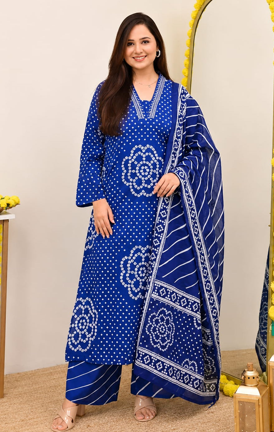 Women's Blue Bandhani Printed Kurta Pant Dupatta Set Elegant Party Wear