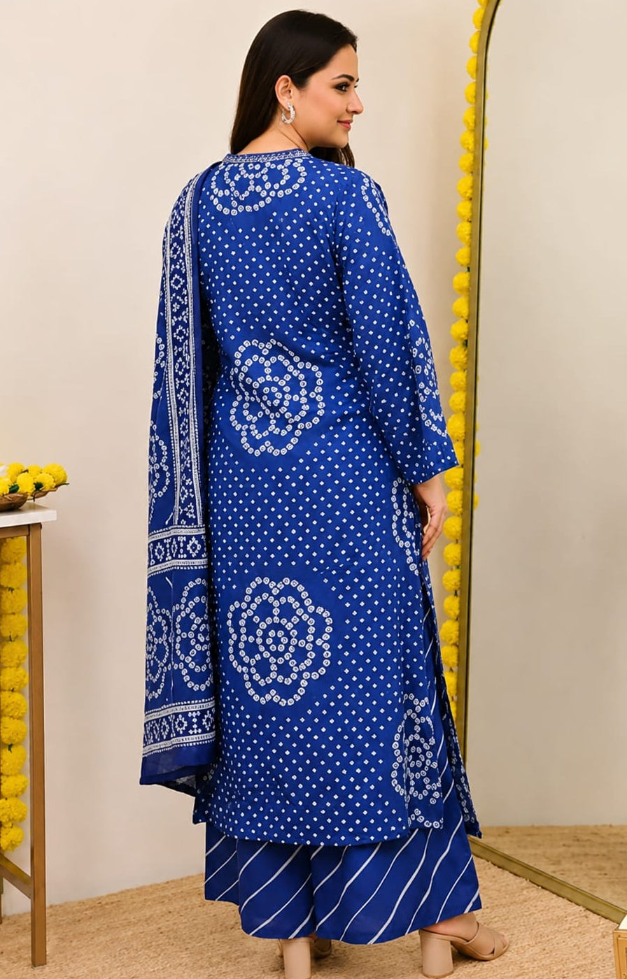 Women's Blue Bandhani Printed Kurta Pant Dupatta Set Elegant Party Wear