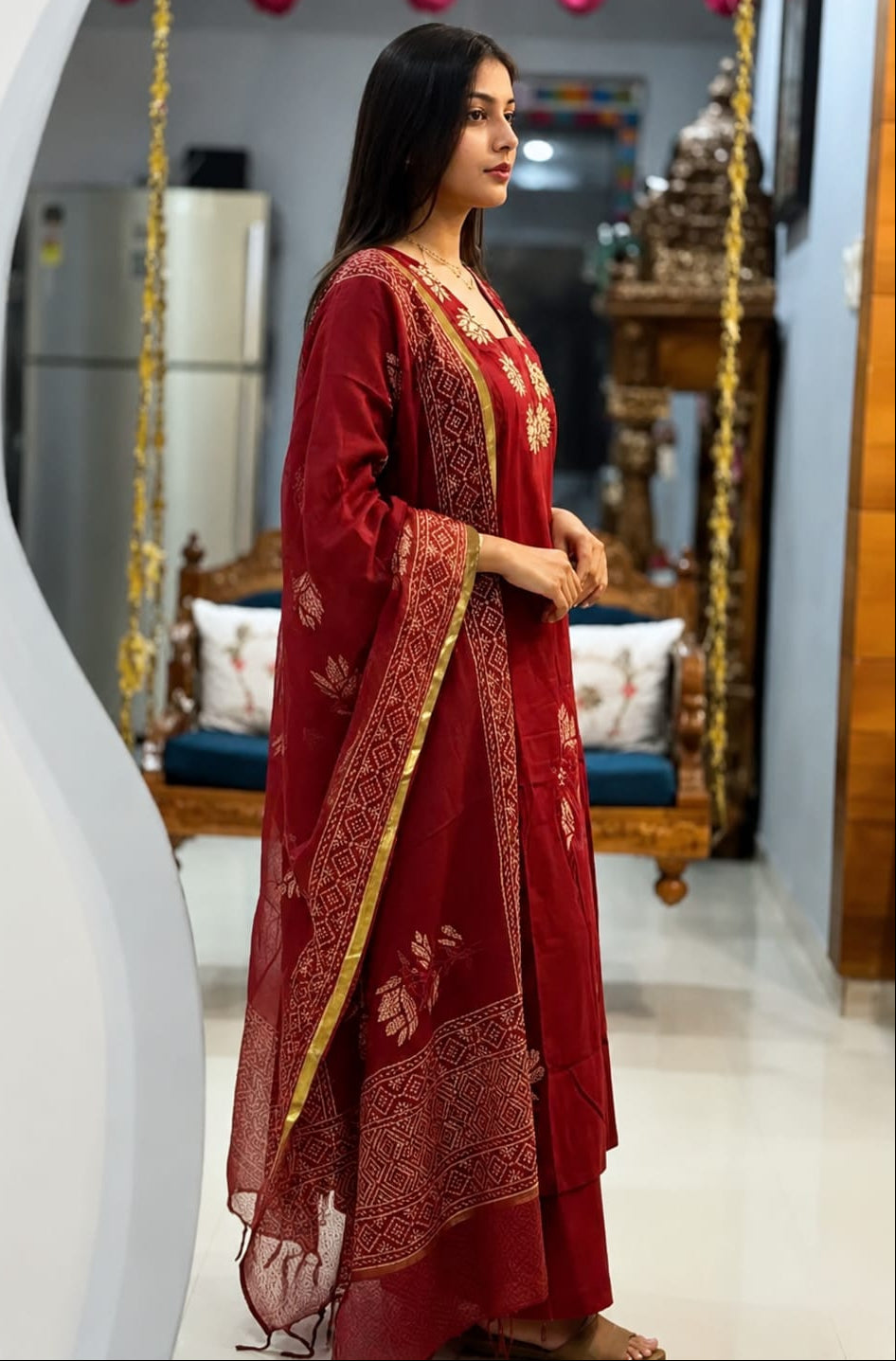Women's Red Botanical Printed Viscose Kurta Pant Dupatta Set Party Wear
