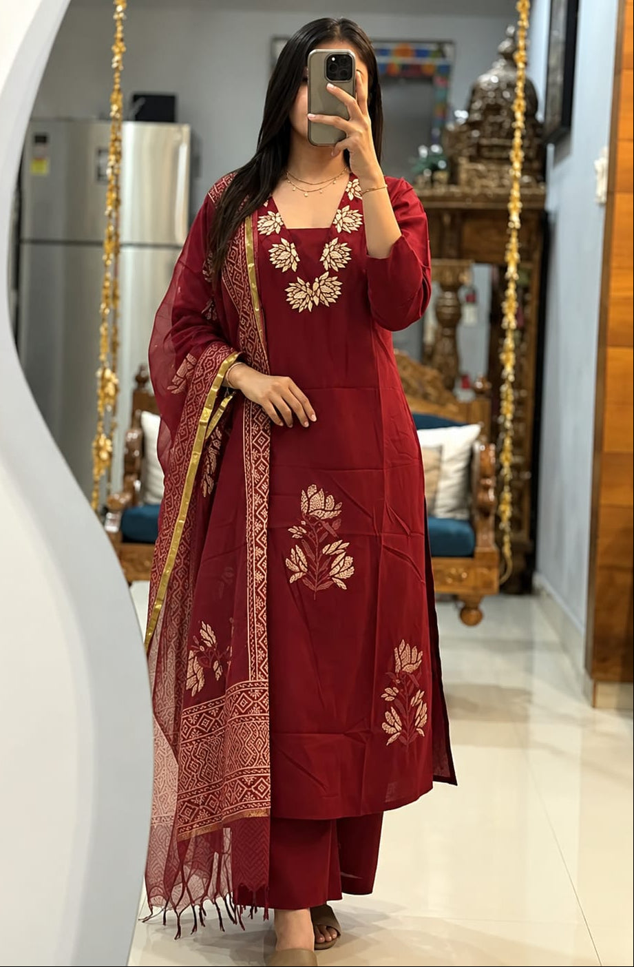 Women's Red Botanical Printed Viscose Kurta Pant Dupatta Set Party Wear