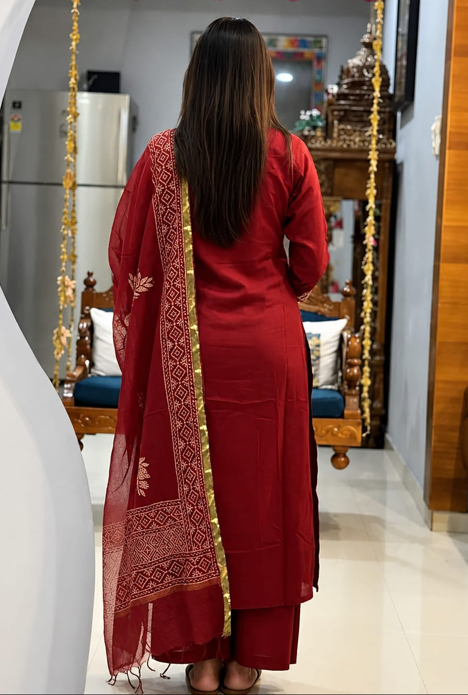 Women's Red Botanical Printed Viscose Kurta Pant Dupatta Set Party Wear