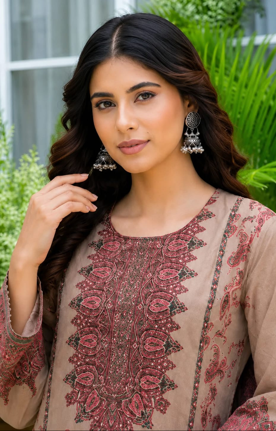 Women's Nude Floral Printed Silk Blend Kurta Palazzo Dupatta Set Elegant Party