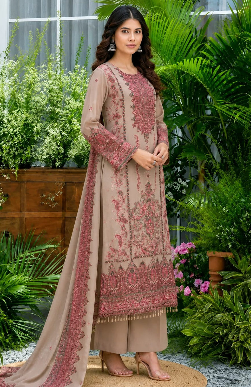 Women's Nude Floral Printed Silk Blend Kurta Palazzo Dupatta Set Elegant Party
