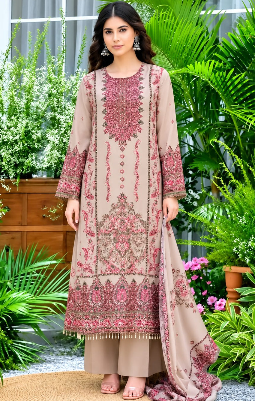 Women's Nude Floral Printed Silk Blend Kurta Palazzo Dupatta Set Elegant Party