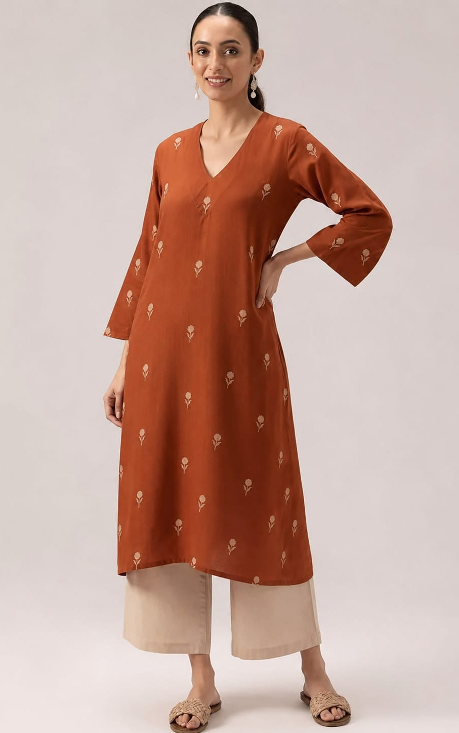 Beautiful Rust Floral Printed Rayon Kurta Palazzo Set Elegant Daily Wear Comfort