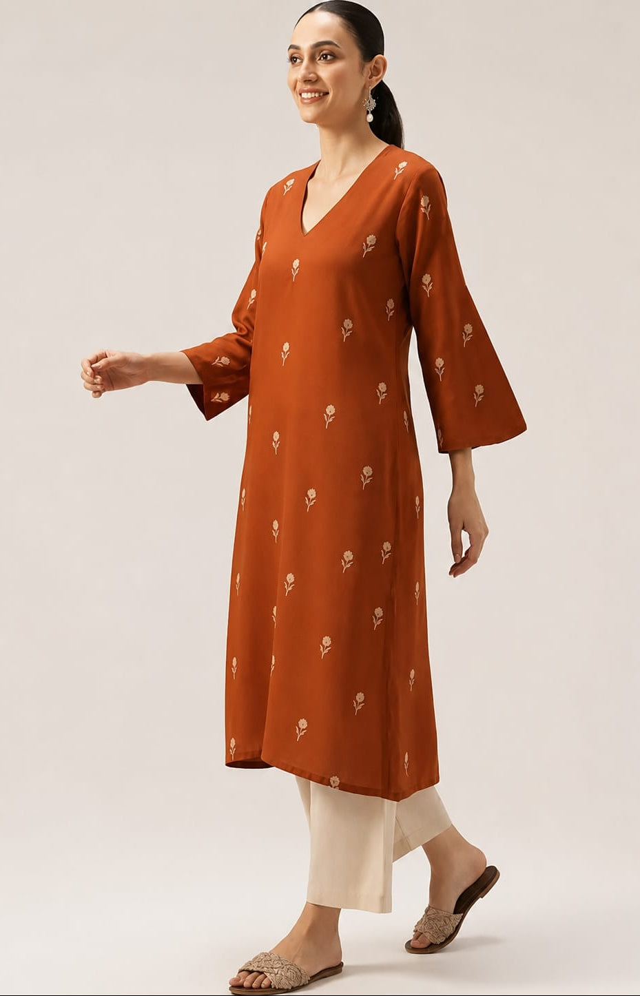 Beautiful Rust Floral Printed Rayon Kurta Palazzo Set Elegant Daily Wear Comfort