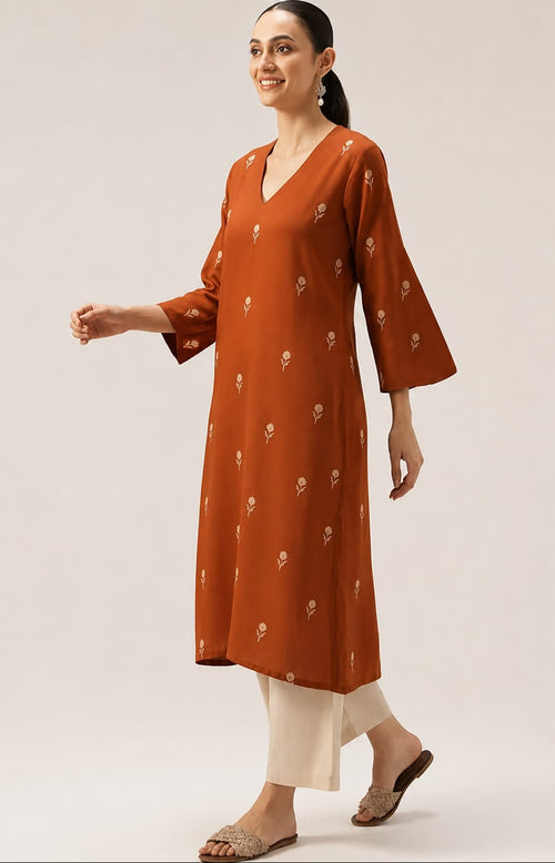 Beautiful Rust Floral Printed Rayon Kurta Palazzo Set Elegant Daily Wear Comfort