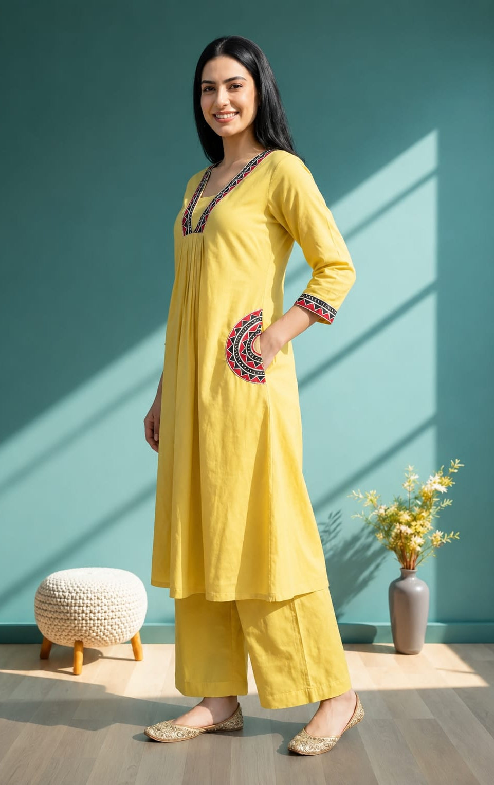 Yellow Khadi Cotton Embroidered Kurta Palazzo Set Festive Ethnic Wear
