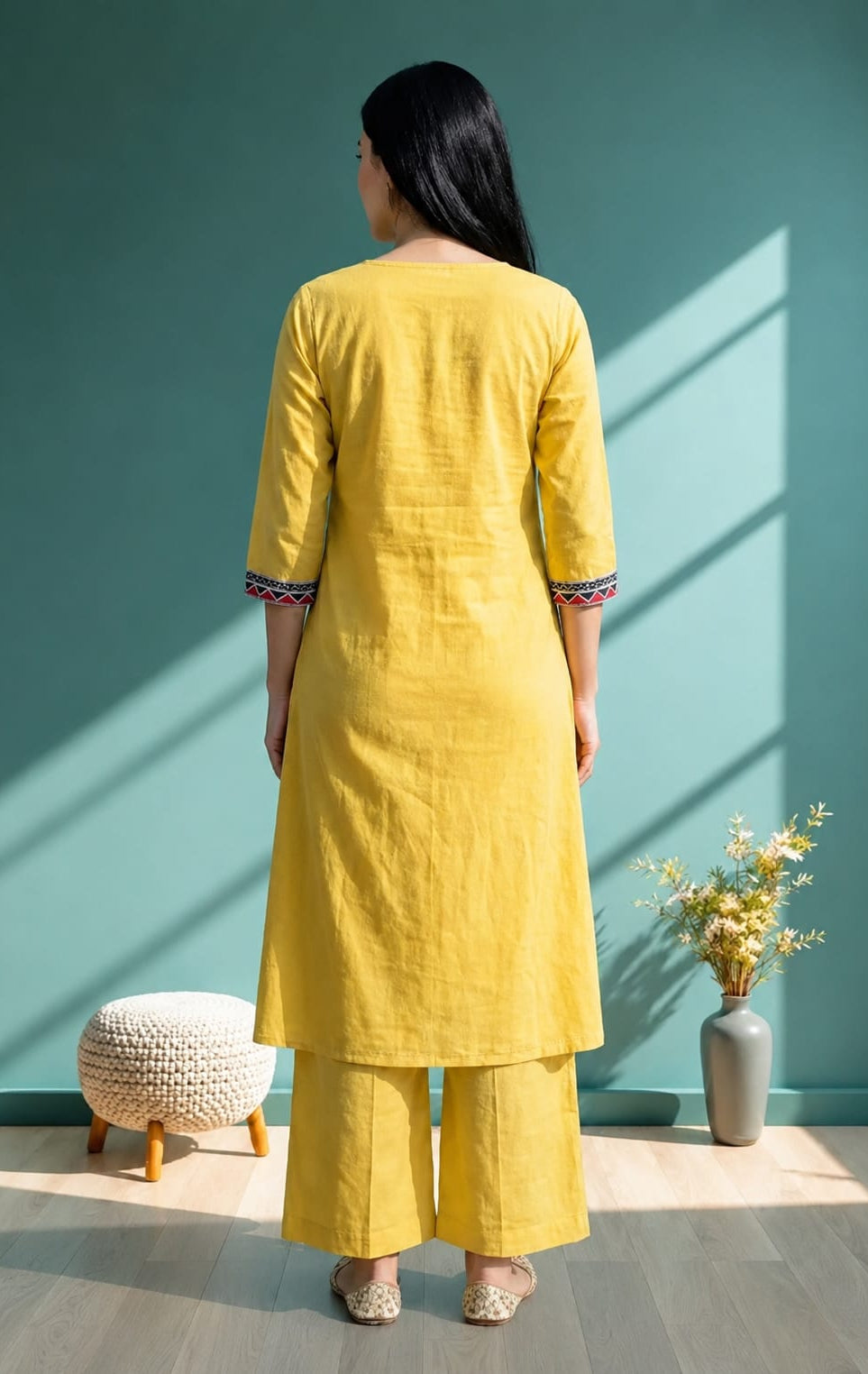 Yellow Khadi Cotton Embroidered Kurta Palazzo Set Festive Ethnic Wear