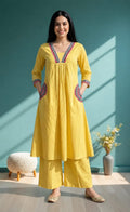 Yellow Khadi Cotton Embroidered Kurta Palazzo Set Festive Ethnic Wear