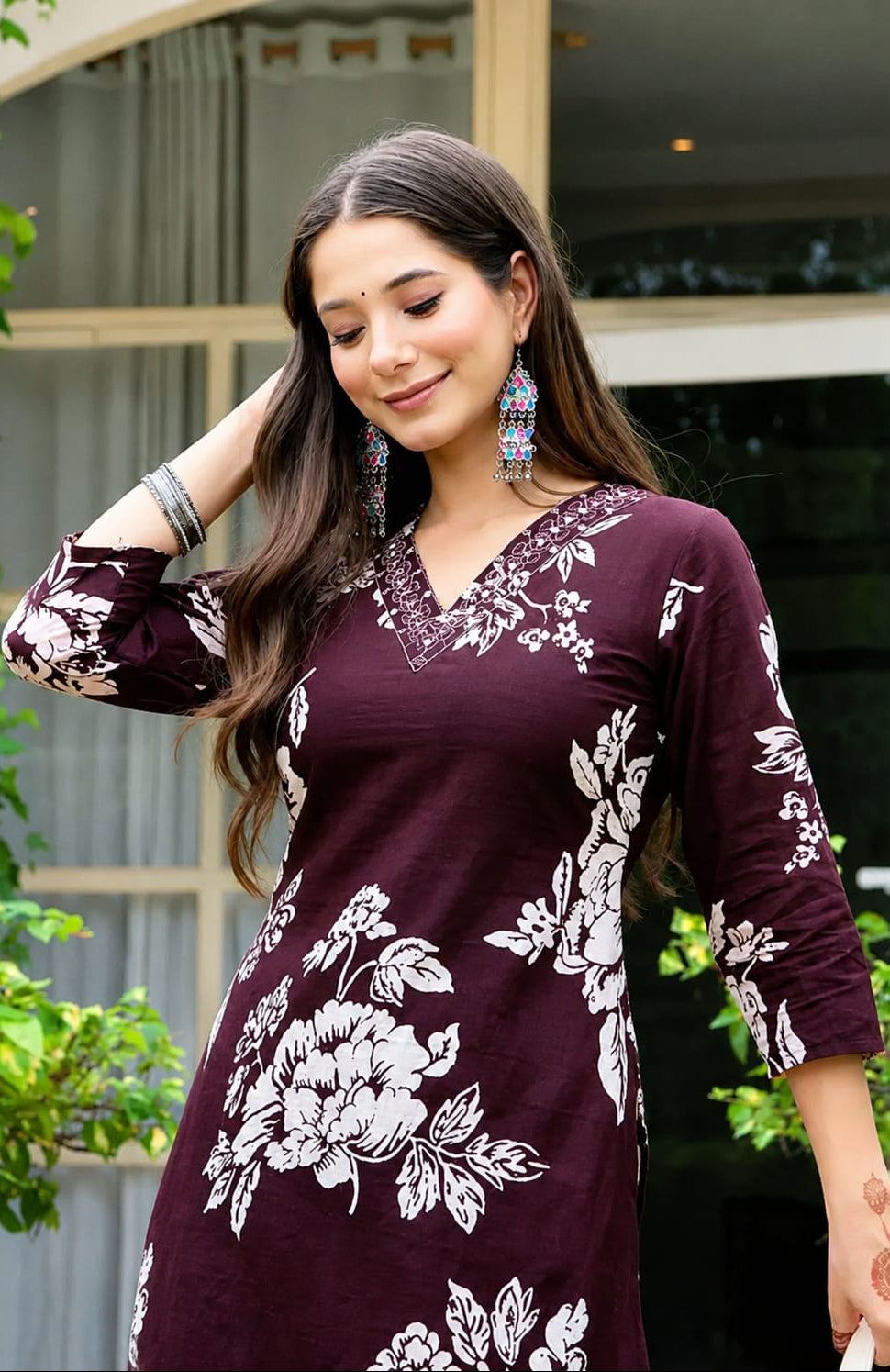 Brown Floral Cotton Blend Kurta Pant Set Elegant Ethnic Wear