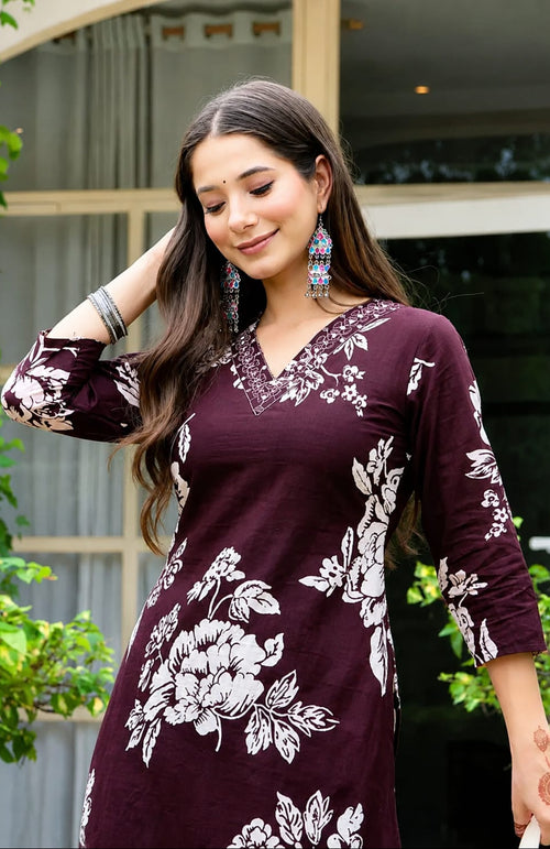 Brown Floral Cotton Blend Kurta Pant Set Elegant Ethnic Wear
