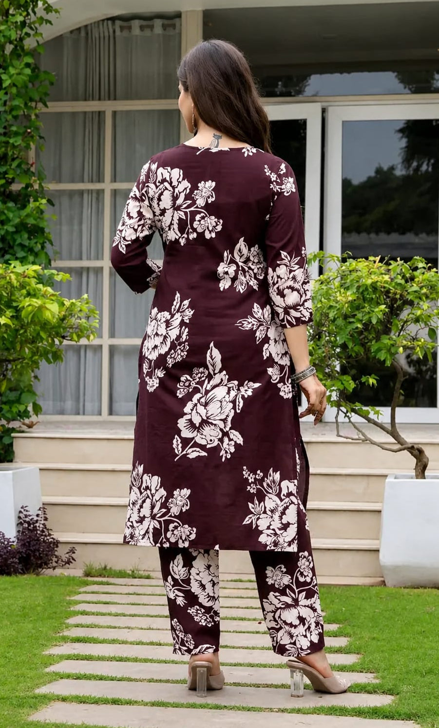 Brown Floral Cotton Blend Kurta Pant Set Elegant Ethnic Wear
