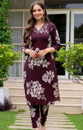 Brown Floral Cotton Blend Kurta Pant Set Elegant Ethnic Wear