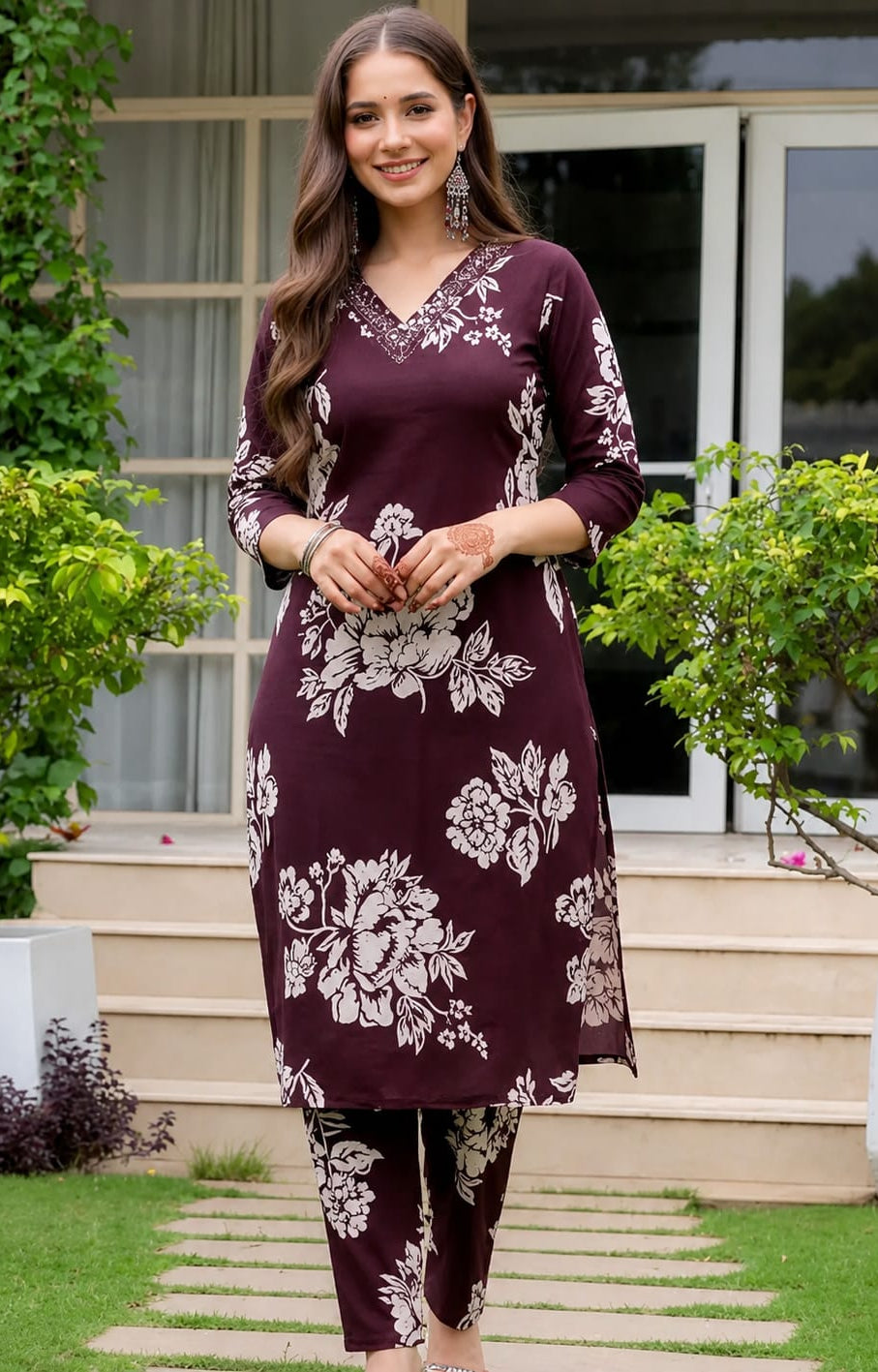 Brown Floral Cotton Blend Kurta Pant Set Elegant Ethnic Wear