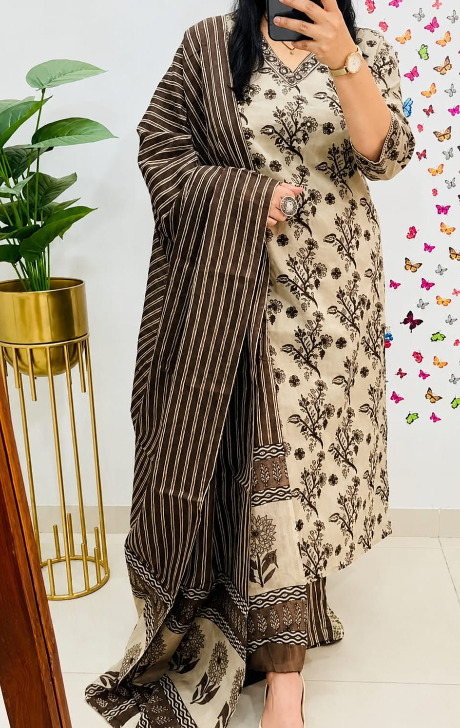 Beige Floral Printed Rayon Kurta Pant Dupatta Set Elegant Ethnic Wear