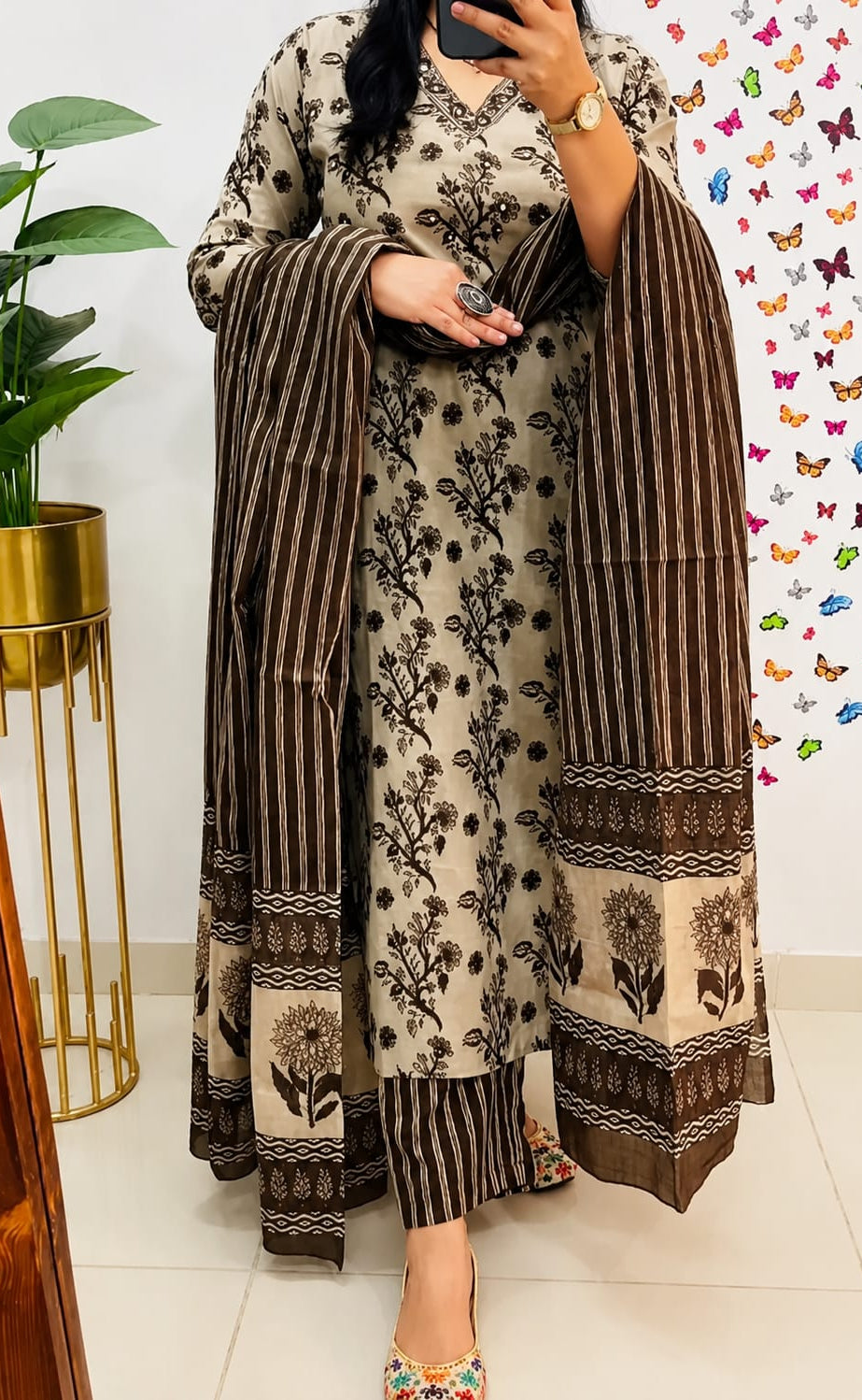 Beige Floral Printed Rayon Kurta Pant Dupatta Set Elegant Ethnic Wear