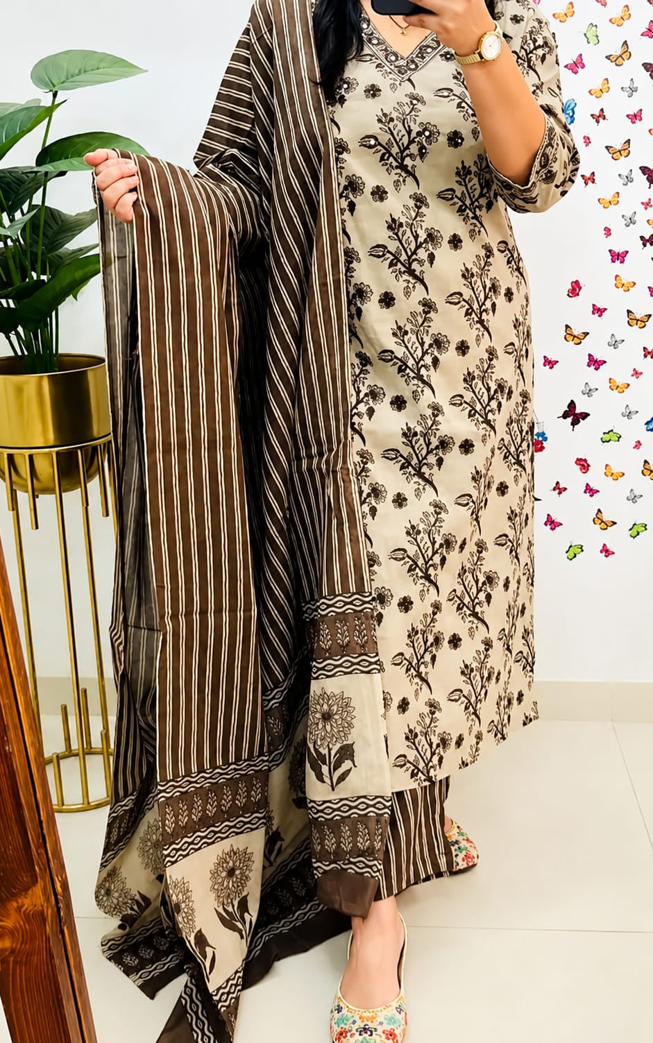 Beige Floral Printed Rayon Kurta Pant Dupatta Set Elegant Ethnic Wear